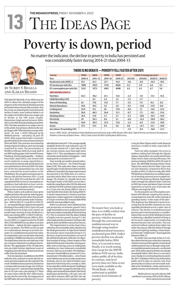 surjitbhalla's tweet photo. Argumentative Indians love to debate-Fortunately, with release of NFHS data there is now NO debate that Multi-dimensional poverty declined faster, much faster, 2011/21 (&amp; 2015-21) than between 2004/11. Poverty improvement  inclusive of data on nutrition. 
https://t.co/N4SKjsy7Vp https://t.co/ednAuf5Dn3