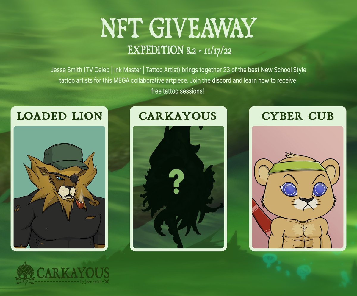 Carkayous (@carkayous) on Twitter photo #NFTGIVEAWAY 🔥
1x Carkayous
1x Loaded Lion
1x Cyber Cub
To enter
✅️Retweet & ❤️
✅️Follow <a href="/carkayous/">Carkayous</a> <a href="/cryptocomnft/">Crypto.com NFT</a>
✅️Tag 3 Friends
✅️Discord: discord.gg/carkayous
✅️Winners in Twitter Space: x.com/i/spaces/1ZkJz…
Collect and earn a FREE TATTOO from <a href="/jessesmithart/">Jesse Smith</a> #NFTGIVEAWAY 🔥
1x Carkayous
1x Loaded Lion
1x Cyber Cub
To enter
✅️Retweet & ❤️
✅️Follow <a href="/carkayous/">Carkayous</a> <a href="/cryptocomnft/">Crypto.com NFT</a>
✅️Tag 3 Friends
✅️Discord: discord.gg/carkayous
✅️Winners in Twitter Space: x.com/i/spaces/1ZkJz…
Collect and earn a FREE TATTOO from <a href="/jessesmithart/">Jesse Smith</a>