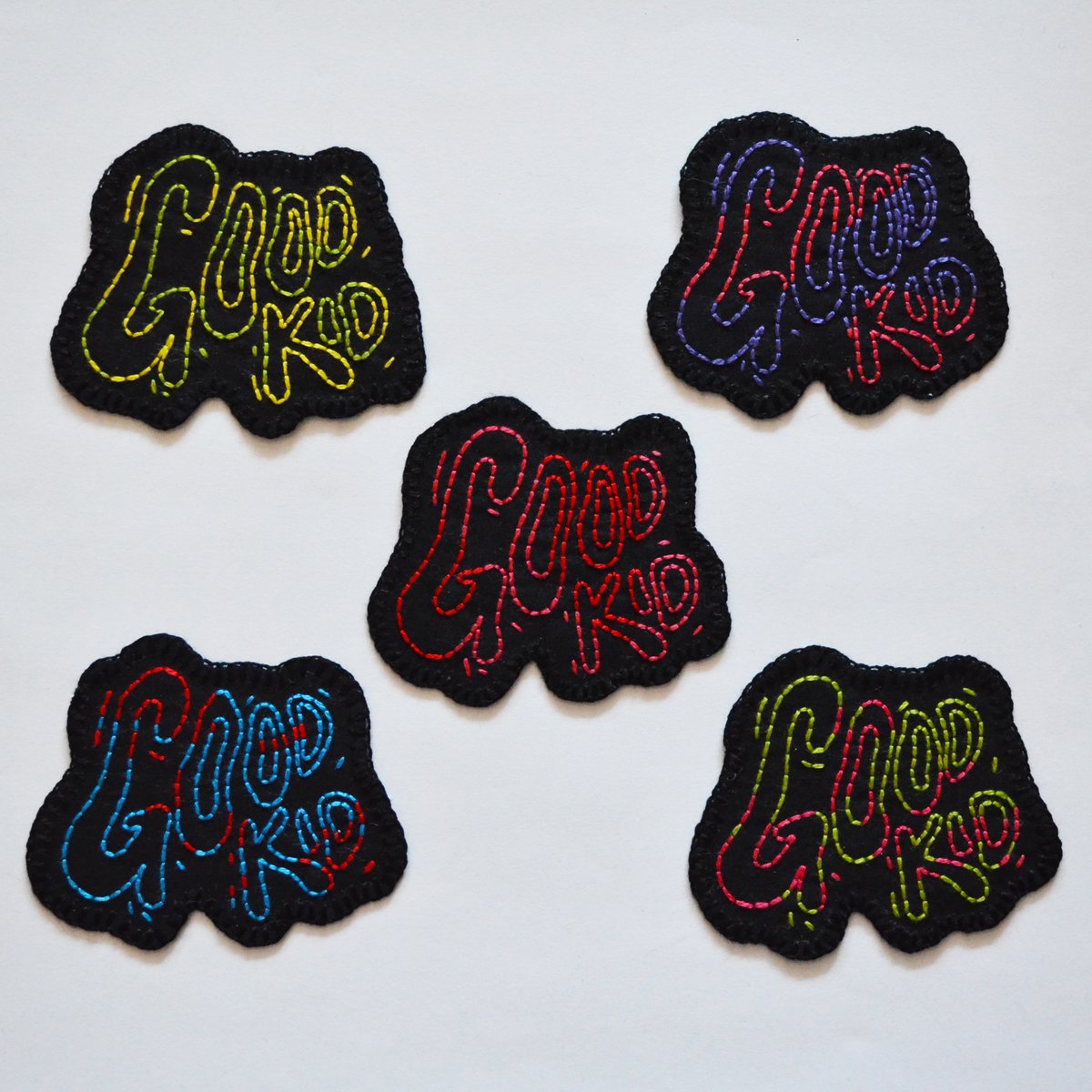 A whoooole bunch of <a href="/goodkidband/">Good Kid</a> patches :) A couple are still available in my store: ko-fi.com/feonix/shop