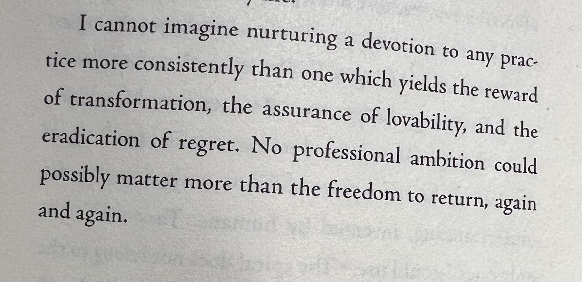 MarcosSGonsalez's tweet image. “I cannot imagine nurturing a devotion to any practice more consistently than one which yields the reward of transformation, the assurance of lovability, and the eradication of regret. 

…the freedom to return, again and again.” 

—@melissafebos, yes yes I felt this in my bones.