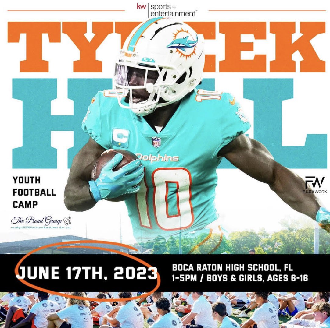 FlexWorkSports's tweet photo. Dolphins fans! Excited to announce Tyreek will be back in Boca Raton for the Tyreek Hill Youth Football Camp! The camp is for boys &amp; girls ages 6-16 &amp; will take place on Saturday, June 17th @ Boca Raton HS. Sign up before camp sells out! @cheetah @DolphinsFanSpot @dolphinsnation1 https://t.co/7PdIfUdzlg