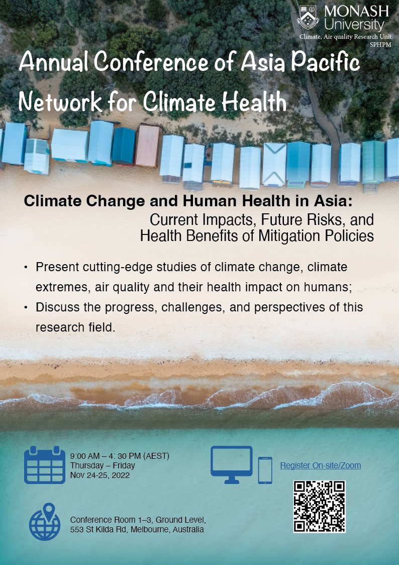 Yuming Guo (@yumingguo007) on Twitter photo Warmly welcome to attend Annual Conference of Asia Pacific Network for Climate Health during 24-25 Nov <a href="/Monash_SPHPM/">Monash Public Health</a> <a href="/MonashUni/">Monash University</a> Free registry for both online and onsite. Lunch provided for onsite attendees.
More details: monash.edu/medicine/news/…
Supported <a href="/nhmrc/">NHMRC</a> e-Asia program. Warmly welcome to attend Annual Conference of Asia Pacific Network for Climate Health during 24-25 Nov <a href="/Monash_SPHPM/">Monash Public Health</a> <a href="/MonashUni/">Monash University</a> Free registry for both online and onsite. Lunch provided for onsite attendees.
More details: monash.edu/medicine/news/…
Supported <a href="/nhmrc/">NHMRC</a> e-Asia program.