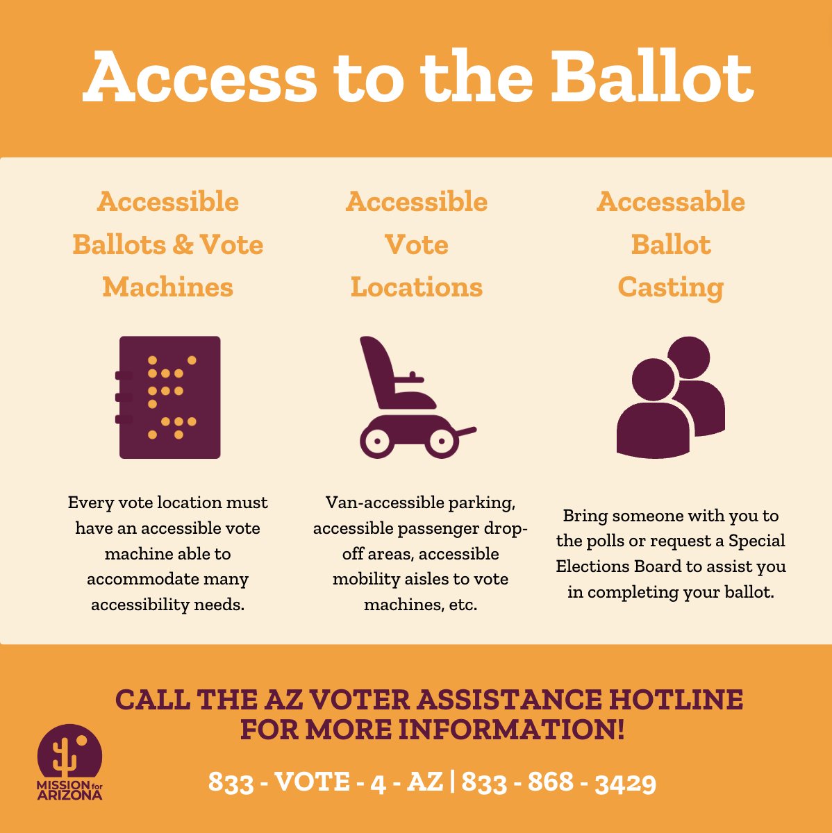 There are several ways to access the ballot between accessible ballots and voting machines; accessible vote locations’ and accessible ballot casting with the assistance of a Special Elections Board. Voting questions? Call the AZ Voter Assistance Hotline at (833) 868-3429