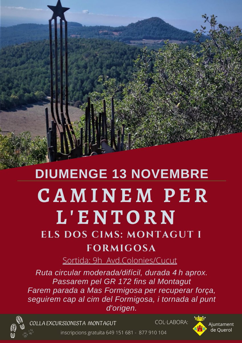 Aj_Querol's tweet photo. ⛰️🚶♀️ La Colla Excursionista Montagut torna a organitzar una caminada. Aquest cop aniran als dos cims més emblemàtics del nostre municipi, el Montagut (964 m) i el Formigosa (990 m). Anima't i apunta't! #querol #altcamp #senderisme #7cims https://t.co/1YGkOsn9Pf