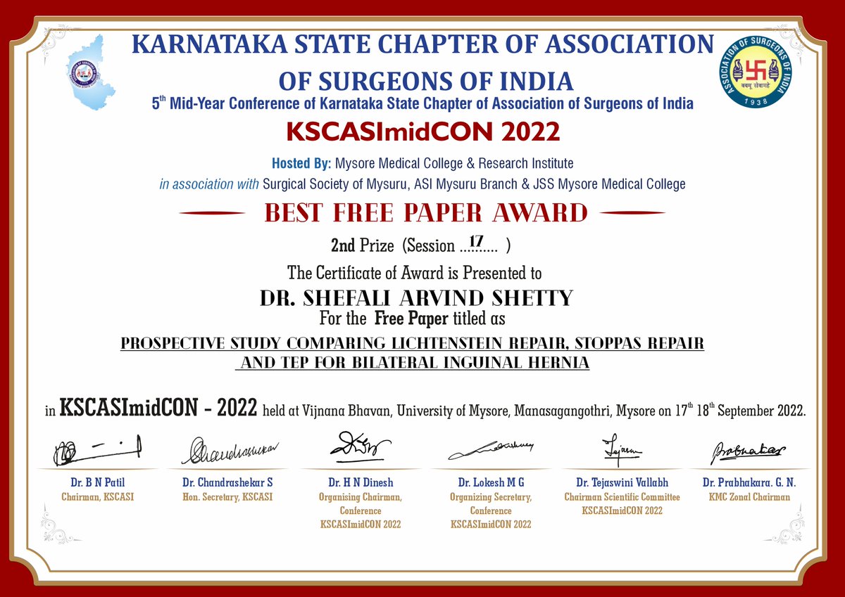 RRMCH's tweet photo. Dr. Shefali Shetty Postgraduate student from Dept. of General Surgery has won 2nd prize for Paper Presentation on “ Prospective study comparing Lichtenstein repair, shops repair, and #TEP for bilateral inguinal hernia” in #MIDCON 2022 conducted by #KSCASI in #MYSORE. https://t.co/gxakugOovt