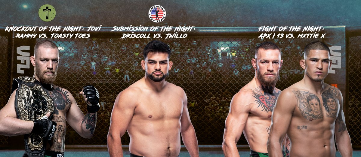 Gringo_AFC's tweet photo. @Warbzy_ @DylanOptics_ufc @AMiTYJonesy @xPeteeyx @JakeybXb1 @CameronCFC_ @ConzeyLa @Objack_ @AndrewLennonmi3 VFL 36 Fight Night Bonuses 💰
Knockout of the Night 🥊 - #JoviRammy vs. #TMFToastyToes
Submission of the Night 😬 - #Driscoll vs. #JWillo
Fight of the Night 📸 - @13_APX vs. @mxttiex https://t.co/yRiF0LB6p9