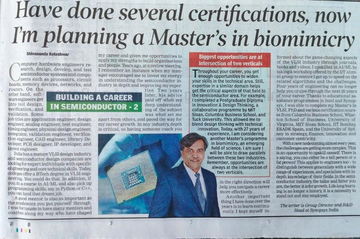 shivookoteshwar's tweet photo. Coverage in today's Times of India (Times Techies) - Part 2 of my interview
Thanks, @sujitjohn and @shilpaphadnis for the coverage.
Thanks to Synopsys Inc, MediaTek, and Intel Corporation for supporting me in this constant learning  #TimesTechies #lifelonglearning https://t.co/Z8RZYeSPvp