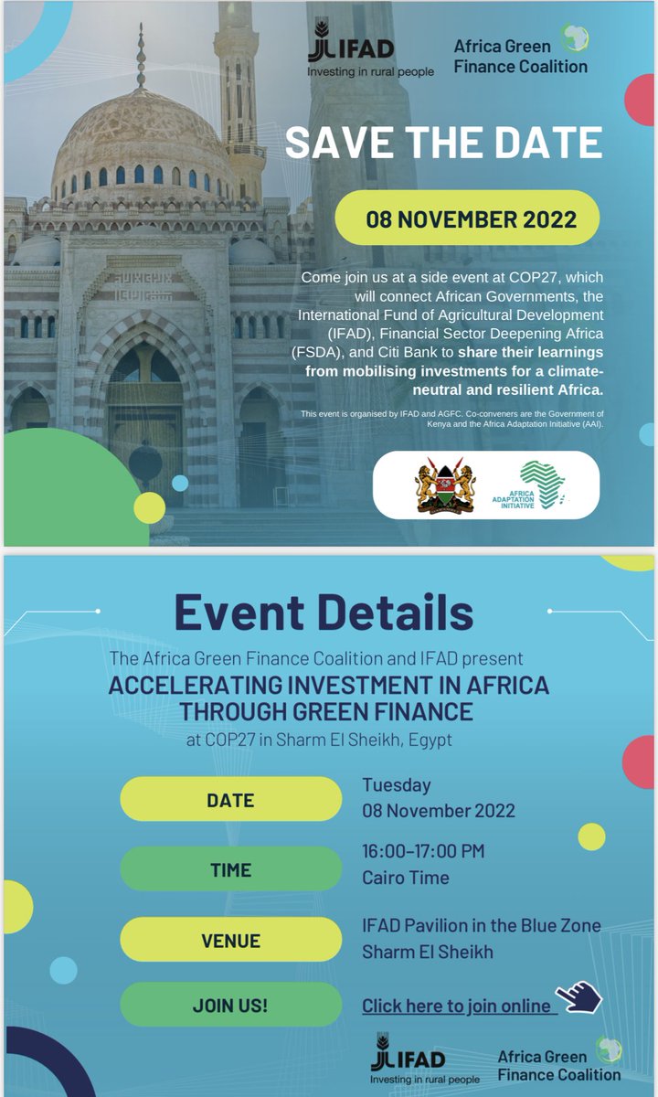 JahanChowIFAD's tweet photo. Africa owned, led, and managed: a much needed coalition to bring finance and planning ministries together with the private sector investors to mobilise and deploy climate finance. We are looking forward to hosting the launch of AGFC at @IFAD pavilion @COP27P https://t.co/Ij4gD78L9O