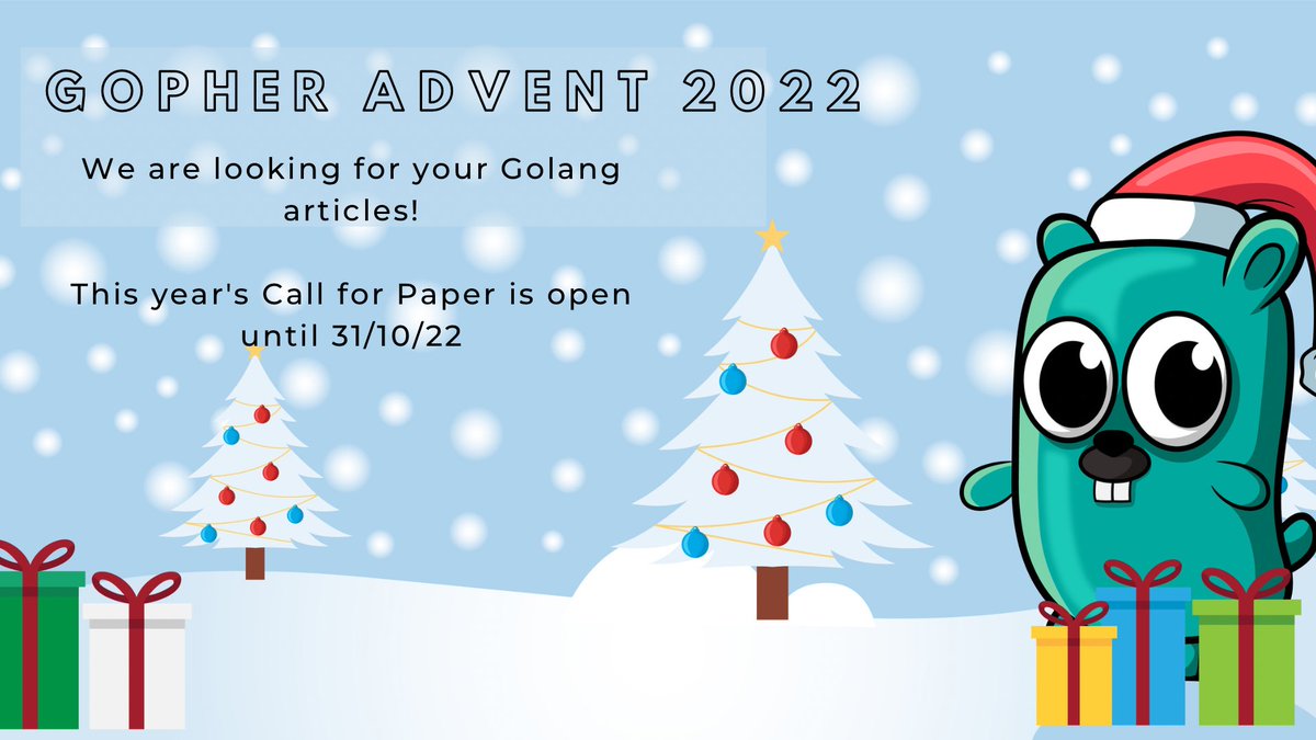 gopher_advent's tweet image. We are back!
And we are looking for your amazing Go-related article for this year's event!
Submit your article idea here: pos.li/2mewiy and we'll get back to you ASAP.
Let's make this year's advent amazing.
#gopheradvent22
#cfp
#golang
#articleswanted