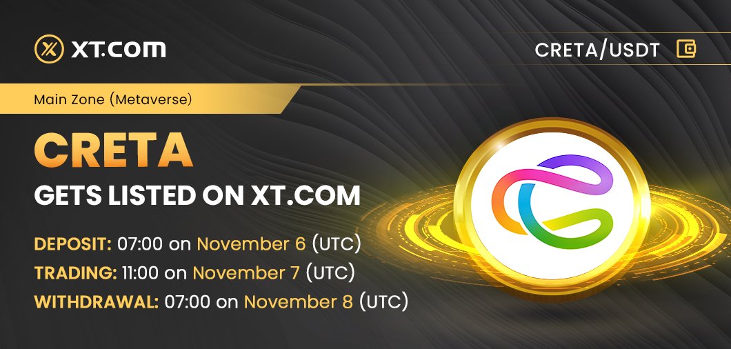 #XTexchange will list CRETA in the Main Zone (Metaverse) under CRETA/USDT trading pair.

✅ Deposit: 07:00 on November 6 (UTC)
✅ Trading: 11:00 on November 7 (UTC)
✅ Withdrawal: 07:00 on November 8 (UTC)

Details:
xtsupport.zendesk.com/hc/en-us/artic…

<a href="/CRETA_WORLD/">Creta</a>