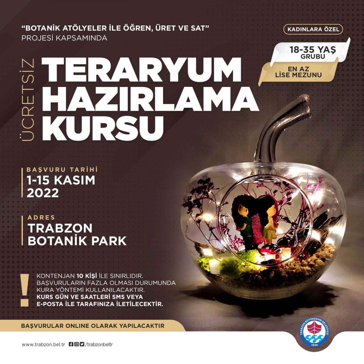 Kadınların, gençlerin ve engelli bireylerin mesleki bilgi ve becerilerini geliştirip maddi kazanç sağlayabilecekleri projemizi hayata geçiriyoruz.👏🏻

✅Ahşap oymacılığı
✅Sepet örücülüğü
✅Teraryum hazırlama 

📍Botanik Park 

Başvuru için 👉🏻 bit.ly/3Wt47G7