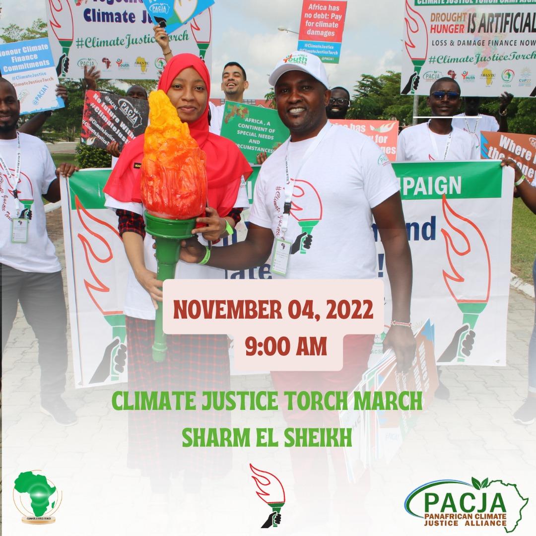 PACJA1's tweet photo. The #ClimateJusticeTorch has finally landed in Sharm El Sheikh. The campaign will see participants of #COP27 march as they prepare to start the premier conference. #OneAfricaOneVoice #COP4AfricaPeople #COP27AfricanVoice https://t.co/7dzGrRxNpH