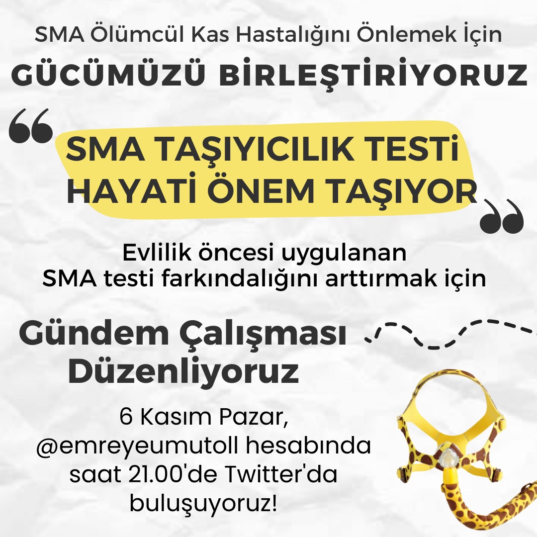 Sma tarama testinin yaygınlanştırılması ve bilinçlendirilmesi adına Pazar günü 21:00 'da yapacağız hastag çalışmasında sizlerin de desteklerini rica ediyoruz. Bizler sma aileleri ve gönüllülleri konu hakkında yeterince bilinçliyiz ve insanları da bilinçlendirmemiz gerekiyor.