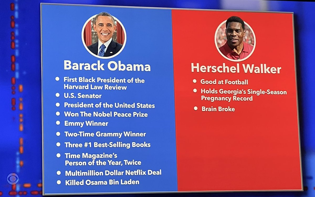 crystal_build's tweet photo. Colbert took the bait Hershel Walker threw out, and posted the resumes of: https://t.co/kid6oBKtaq
