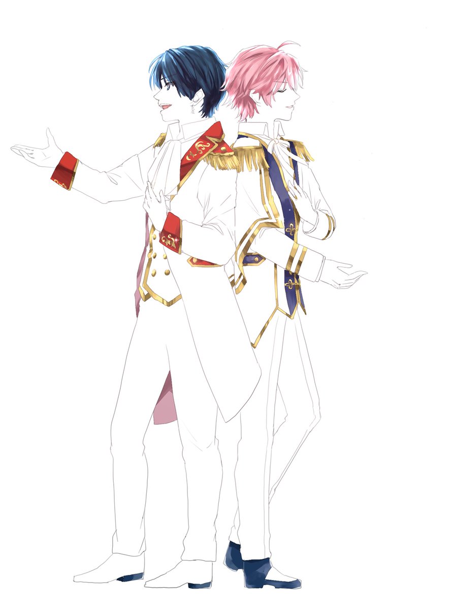 multiple boys 2boys male focus epaulettes pink hair idol clothes back-to-back  illustration images