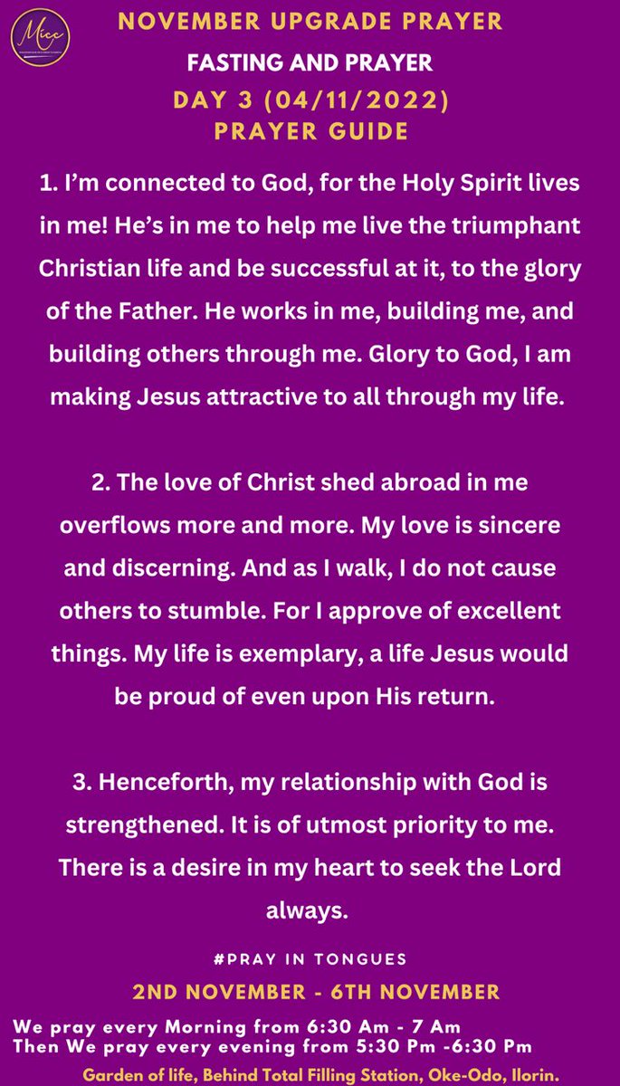 miccglobal's tweet image. Day 3 is here already and you'll agree with me that God has been faithful and good as He always has.

How has the exercise been for you?
What spiritual muscle have you been working on at the gym?
#Fasting #MICC #PrayerGuide #MasterpieceInChristChurch #EyesOnJesus #JesusEverywhere