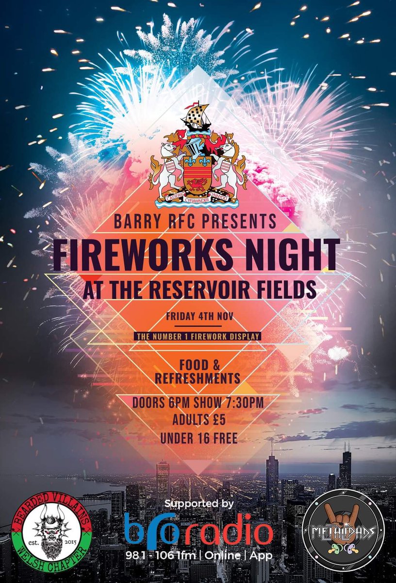 @barry_rfc with support from @BVWelshVillains @METALIDADS @BRORADIO. Limited parking at Pencoedtre School. Please respect our neighbours in the local community if attending. #fireworksnight