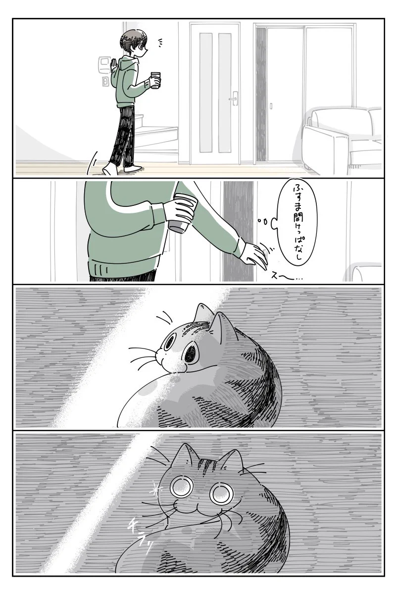 開けっ放しになっていたふすまを閉めようとしたら、光る何かに気付き･･･！可愛い猫漫画が話題に！