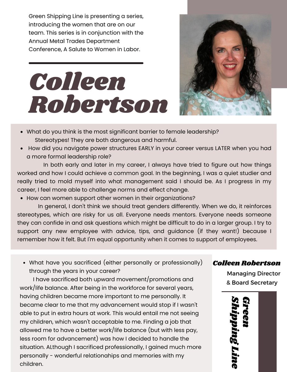 Introducing the women on the GSL team, in conjunction with the Annual MTD Conference, A Salute to Women in Labor. Meet Colleen Robertson! 

#Transportation #GreenShippingLine #GSL #AmericanMaritimeHwy #CreateJobs #LimitlessBenefits #AlleviateGridlock #Sustainability