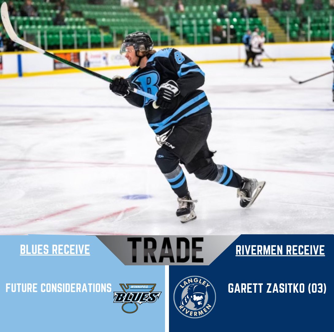 LangleyRivermen's tweet photo. TRADE ALERT 

The Rivermen are excited to announce that we have acquired 2003 born forward Garett Zasitko from the Winnipeg Blues in exchange for future considerations! 
Welcome to Langley, Garett! 

#RivNation https://t.co/Lu7b9sC5ya