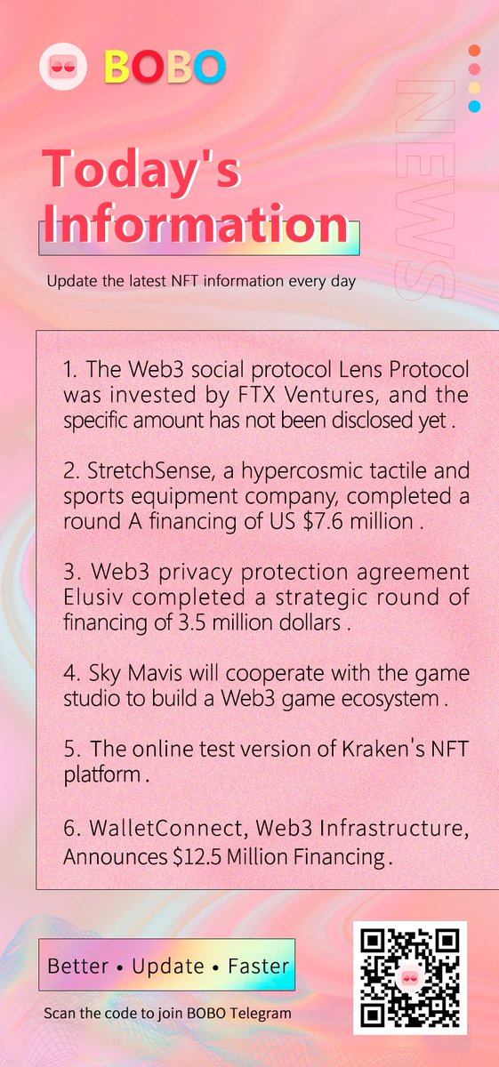 BOBO_INFO1's tweet photo. Today's information: The Web3 social protocol Lens Protocol was invested by FTX Ventures, and the specific amount has not been disclosed yet;#NFT #BTC https://t.co/EfVmuXzjKH