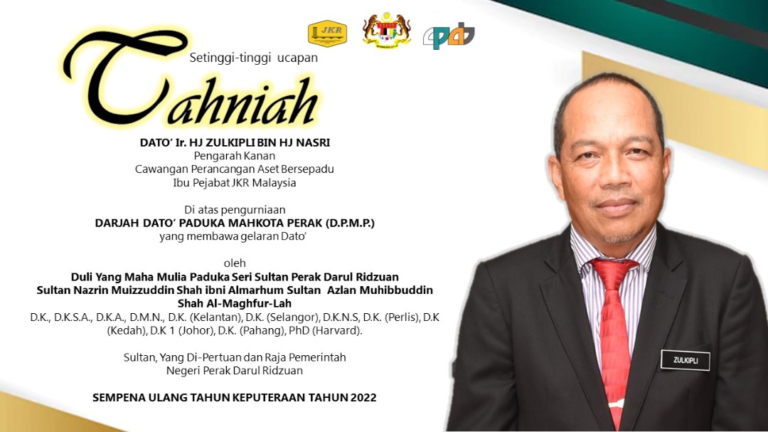 Caw. Perancangan Aset Bersepadu, JKR Malaysia (@jkrcpab) on Twitter photo Seluruh Warga CPAB mengucapkan Tahniah kepada Dato' Ir. Hj Zulkipli Bin Hj Nasri di atas pengurniaan Darjah Dato' Paduka Mahkota Perak (D.P.M.P) oleh Duli Yang Maha Mulia Paduka Seri Sultan Perak Darul Ridzuan.
<a href="/JKRMalaysia/">JKR Malaysia</a>
<a href="/IrZulkefly/">Mohd Zulkefly S</a> 
<a href="/NasriZulkipli/">zulkipli nasri</a> 
<a href="/Atikahz605/">Atikah zakaria</a> 
<a href="/mdbppa/">IrMD</a> Seluruh Warga CPAB mengucapkan Tahniah kepada Dato' Ir. Hj Zulkipli Bin Hj Nasri di atas pengurniaan Darjah Dato' Paduka Mahkota Perak (D.P.M.P) oleh Duli Yang Maha Mulia Paduka Seri Sultan Perak Darul Ridzuan.
<a href="/JKRMalaysia/">JKR Malaysia</a>
<a href="/IrZulkefly/">Mohd Zulkefly S</a> 
<a href="/NasriZulkipli/">zulkipli nasri</a> 
<a href="/Atikahz605/">Atikah zakaria</a> 
<a href="/mdbppa/">IrMD</a>