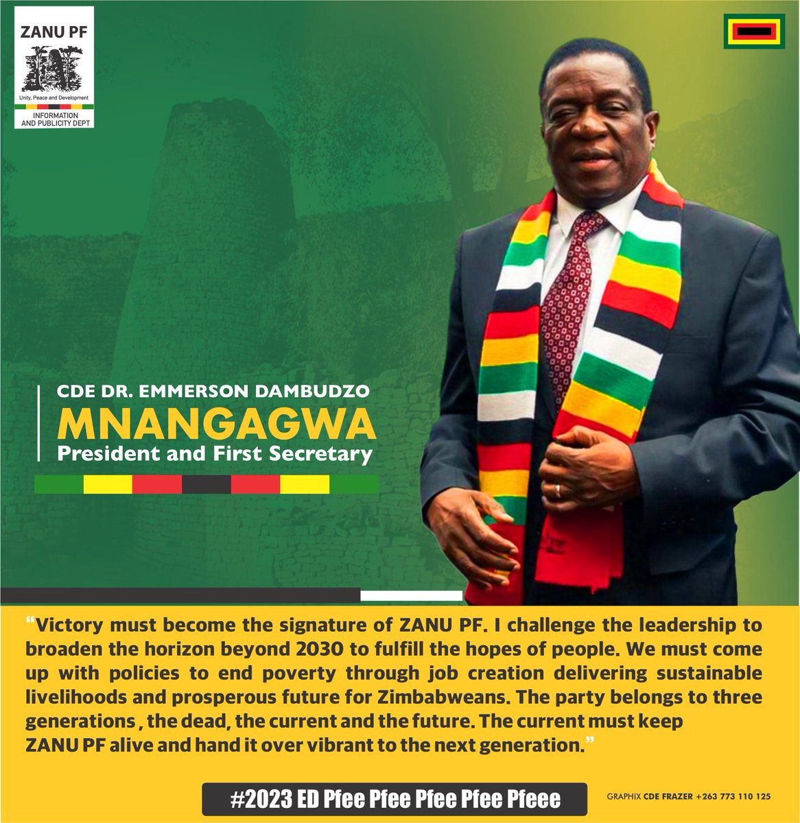 “Victory must become the signature of @ZANUPF_Official. I challenge the leadership to broaden the horizon beyond 2030 to fulfill the hopes of people. We must come up with policies to end poverty through job creation delivering sustainable livelihoods and prosperous future for Zim