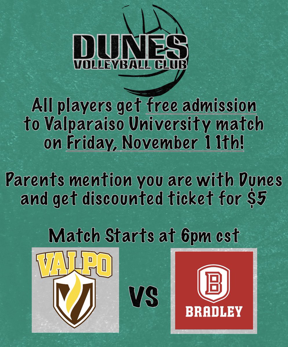 dunesrecruits's tweet photo. Free admission for all Dunes players to the @VU_VB match on Friday, November 11th. Their match versus Bradley starts at 6pm cst. https://t.co/dxv2vl40YB