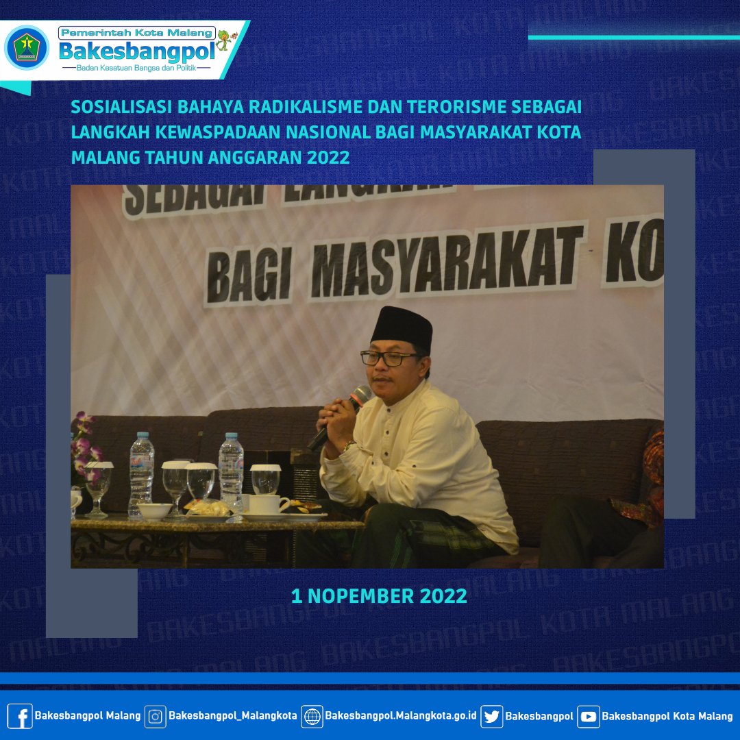 bakesbang's tweet photo. #NawakNgalam (1 Nopember 2022) Bakesbangpol mengadakan Sosialisasi Bahaya Radikalisme dan Terorisme sebagai langkah kewaspadaan nasional bagi masyarakat Kota Malang. https://t.co/WwEF4Mhf9L