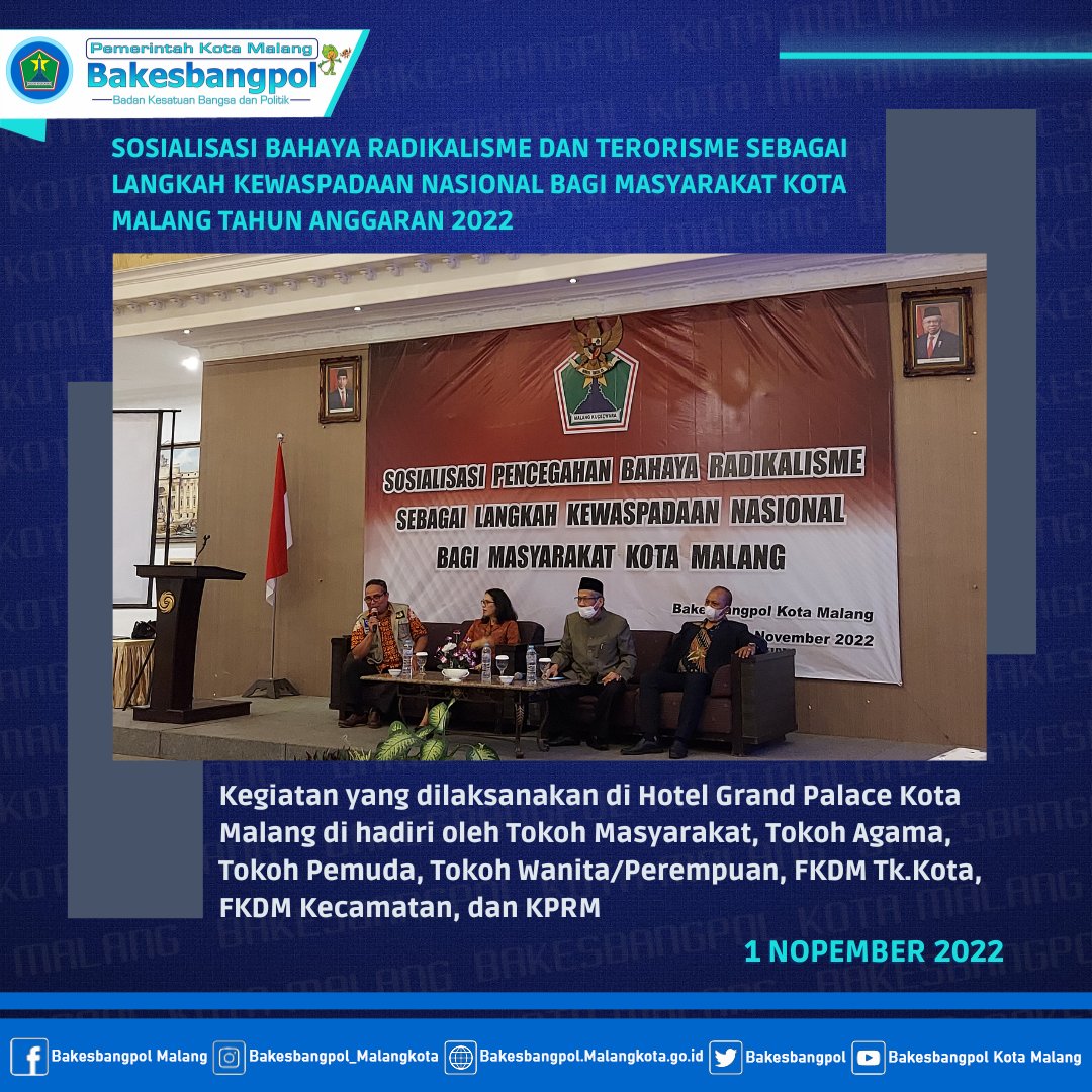 bakesbang's tweet photo. #NawakNgalam (1 Nopember 2022) Bakesbangpol mengadakan Sosialisasi Bahaya Radikalisme dan Terorisme sebagai langkah kewaspadaan nasional bagi masyarakat Kota Malang. https://t.co/WwEF4Mhf9L
