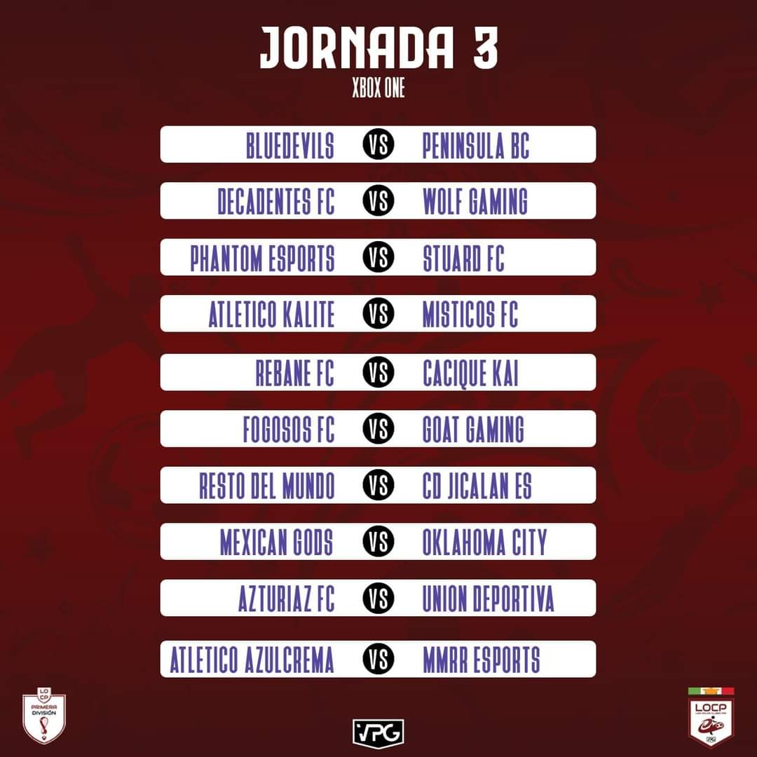 OnlineClubes's tweet photo. 🏆⭐ LIGA ONLINE CLUBES PRO 🏆⭐
🏆⭐ FIFA WORLD CUP XBOX ONE 🏆⭐
🏆⭐ JORNADA 3 🏆⭐

⚽ | LOCP VPG XBOX ONE | 🏆
⚽ | Jornada 3 | 🏆

#ligaonlineclubespro | #fifaworldcup2022  | #xboxseriesx  | #FIFA23  |  #ClubesPro | #Xbox | #LOCP | #VPG | #vpgmexico https://t.co/GK0A0iw3MJ
