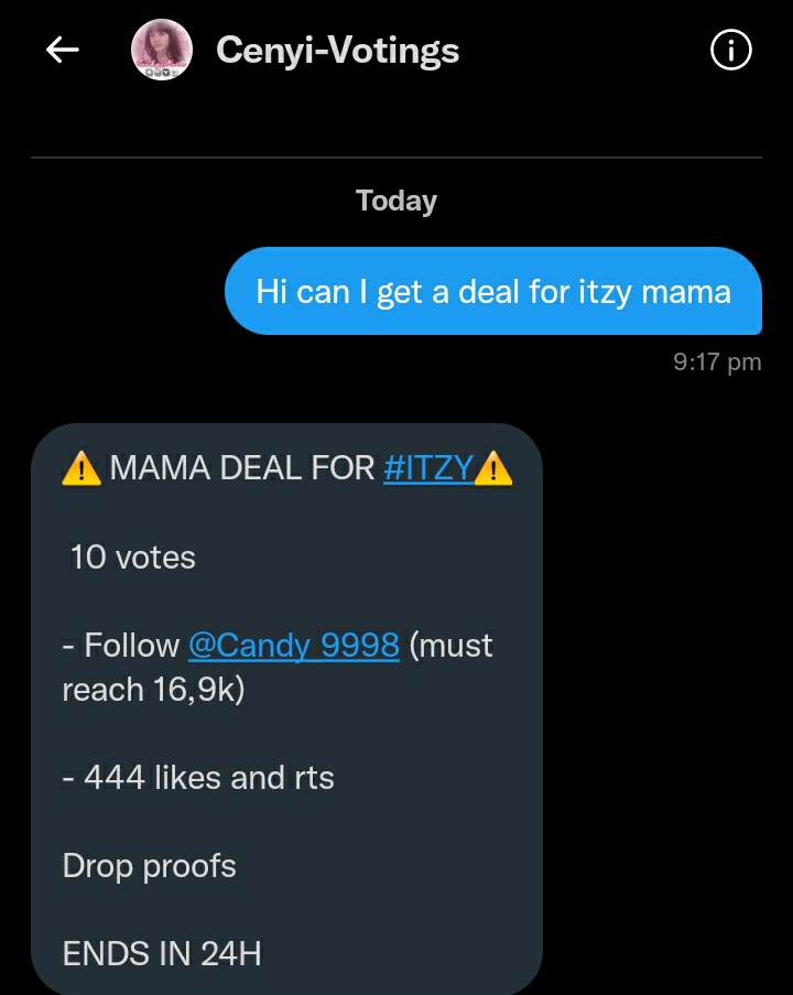 ⚠ MAMA DEAL FOR #ITZY⚠

 10 votes

- Follow <a href="/Candy_9998/">B.DINESH KUMAR</a> (must reach 16,9k) 

- 444 likes and rts 

Drop proofs

ENDS IN 24H