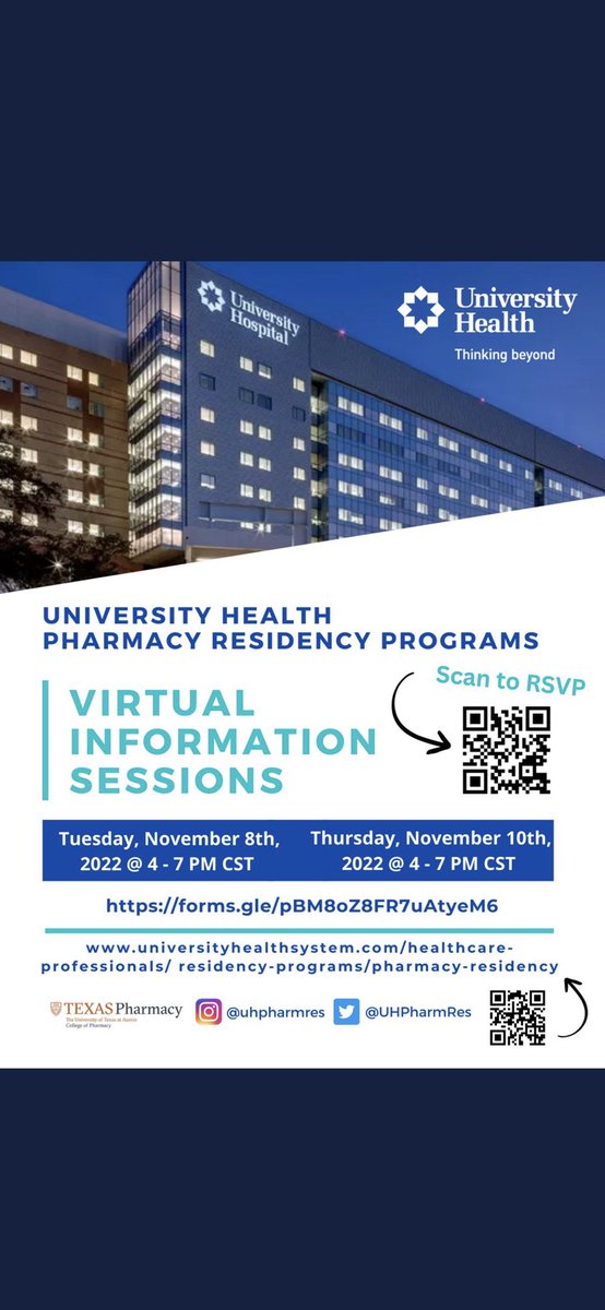 UHPharmRes's tweet photo. @SC_Pharmacist @ASHPOfficial @PC_Pharmacy 📢 We are excited to be recruiting at  @UH_Pharmacy showcase 11/4 in-person; @ACCP/@SNPhA virtual showcase on 11/8 &amp; 11/10 (RSVP below!);
@ASHPOfficial @UTexasPharmacy 12/5 booth 4200 &amp; 12/6 booth 6060; virtual Midyear booth 12/5 @ 11-12 pm PST (RSVP: https://t.co/HiHKqZ8c89)! https://t.co/bcMnfpcVXE
