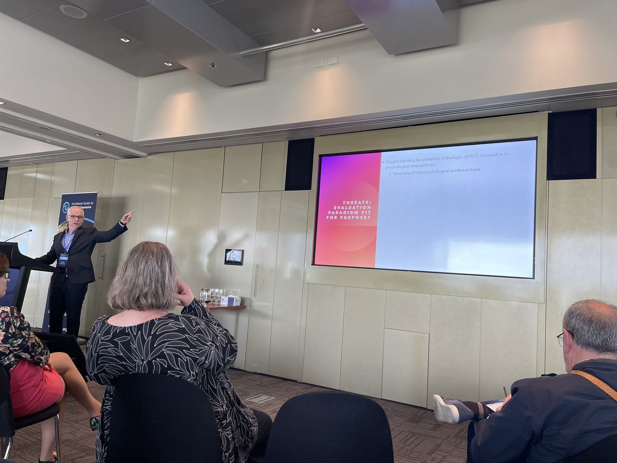 Threats: Evaluation paradigm fit-for-purpose. Being nieve to tmt is key to pharma RCTs, but not psychotherapies. Psychological interventions are fundamentally different - why are we using the same methodology? is the answer in complex intervention evaluation? #ABSDD22 <a href="/profrnb/">Greg Murray</a>