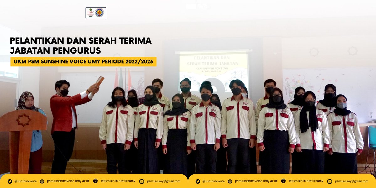 [[INFO SUNSHINE]]

Rabu (2/10) UKM PSM SSV UMY telah melaksanakan Pelantikan dan Serah Terima Jabatan kepada Pengurus Baru Periode 2022/2023✨

Selamat dan Sukses atas dilantiknya para pengurus UKM PSM SSV UMY Periode 2022/2023!🔥🤩