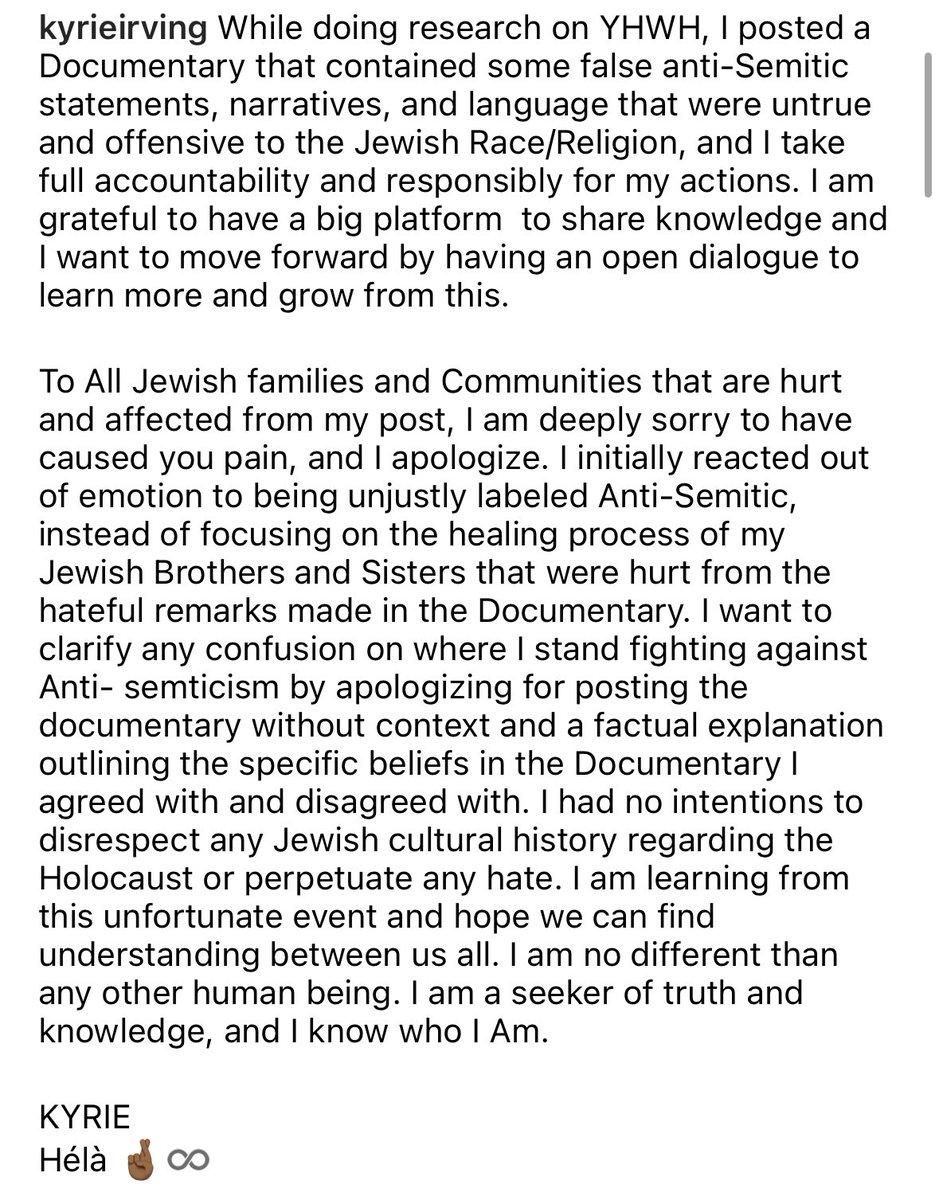 Kyrie Irving statement: “To All Jewish families and Communities that are hurt and affected from my post, I am deeply sorry to have caused you pain, and I apologize.”