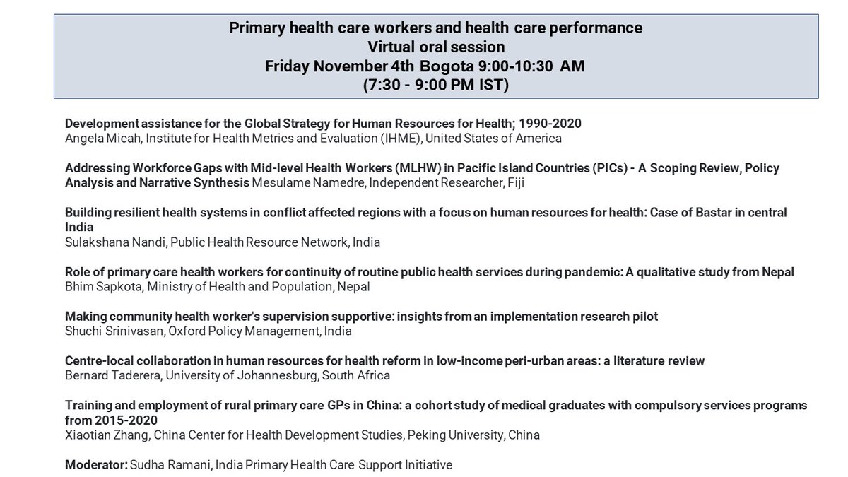 Excited to moderate a session on #PHC performance, #resilience, and #CHWs at #hsr2022.  Join us to hear some diverse voices @gluppschlopp @PHMglobal @shuchi03  @OPMglobal, Bernard from @go2uj @Mesulame_N, Angela Micah and Bhim Sapkota