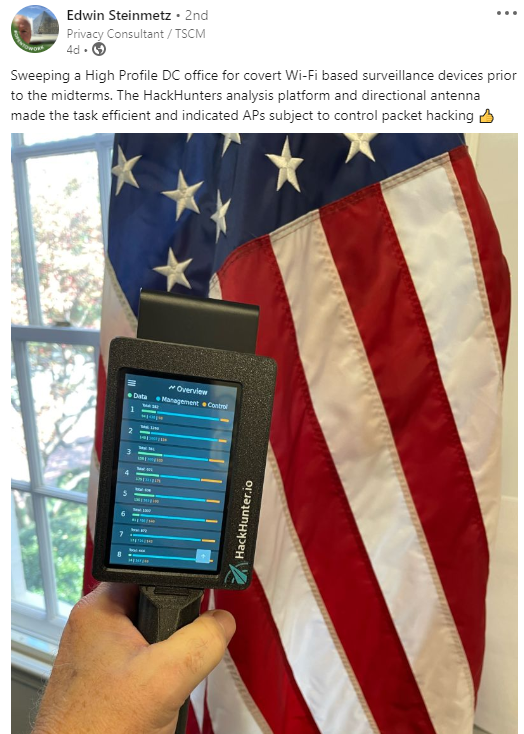 WiFiHackHunter1's tweet photo. Really proud that our tech is being used in Washington DC π
Wonder what Ed found π (we'll never know...)
#wifisecurity #cybersecurity #ozcyber #maliciouswifi #unauthorizedwifi #wifi #rogueaccesspoint #TSCM #nationalsecurity #physicalsecurity #counterintelligence https://t.co/J8MiRue6pY