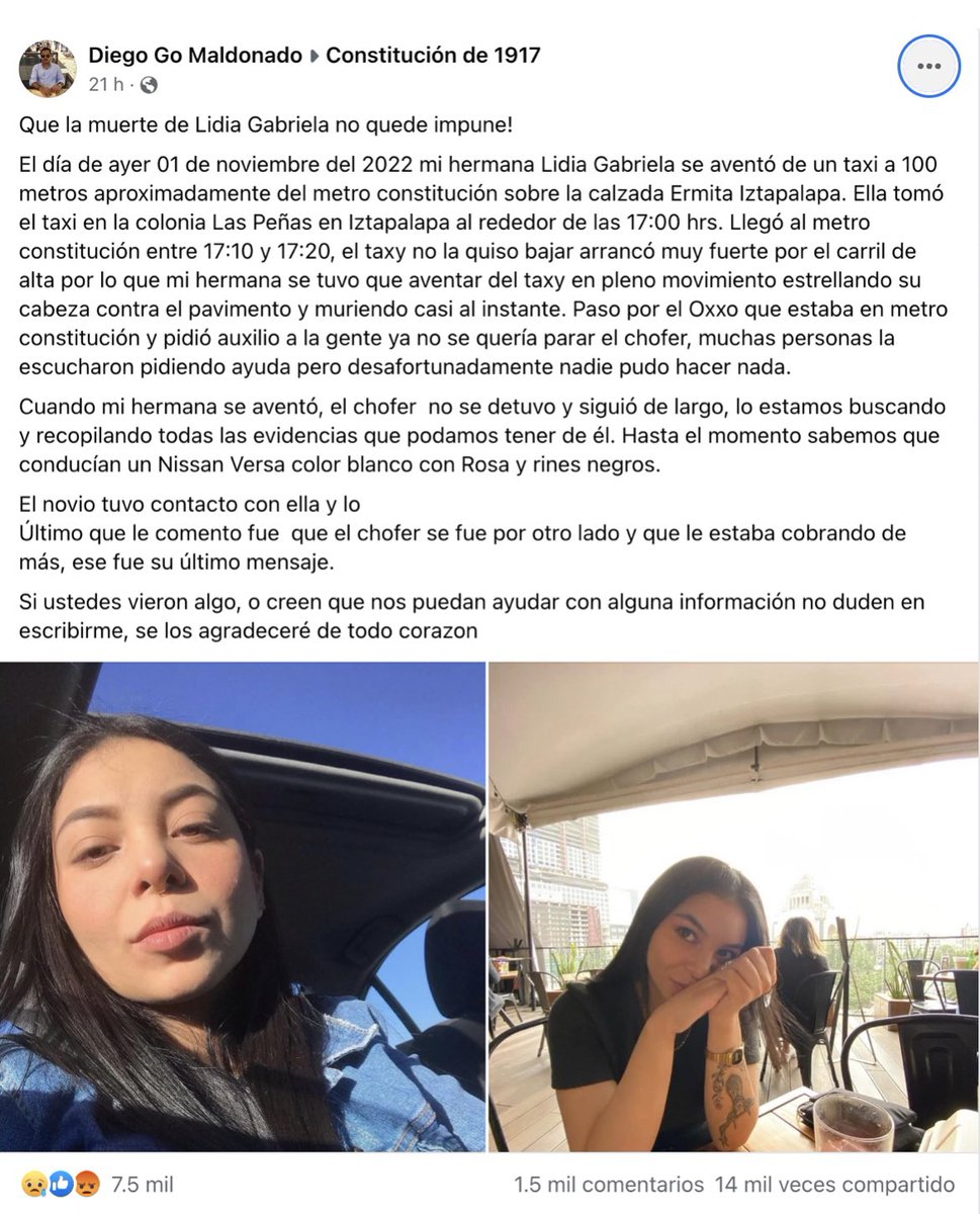 🥺💜Dos feminicidios en una semana 

Qué impotencia que una mujer en la CDMX no pueda salir, ni tomar un taxi sola 

#JusticiaParaAri 
#JusticiaParaLidiaGabriela