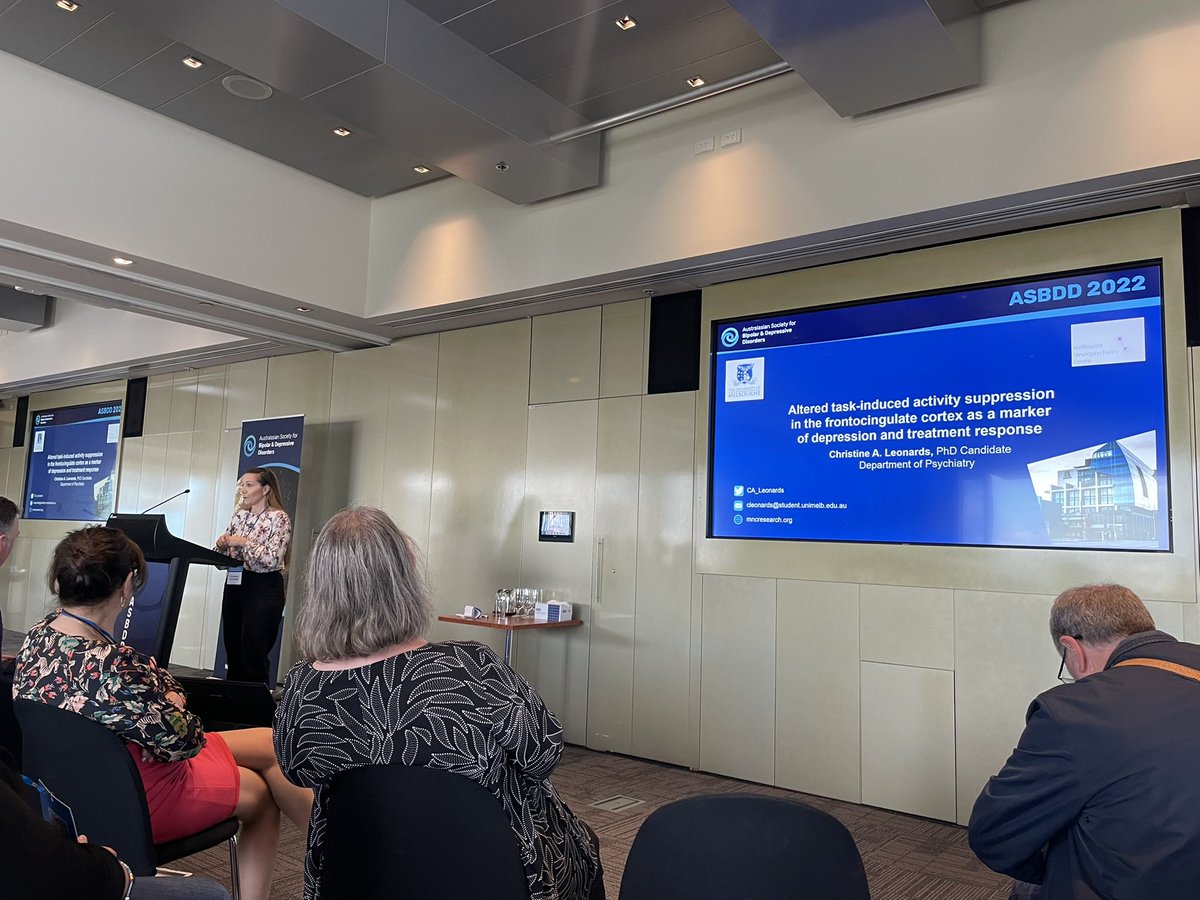 Our PhD <a href="/Servier/">Servier</a> PhD Young Investigator award recipient <a href="/CA_Leonards/">Christine Leonards</a> presenting on how suppression in brain regions could potentially act as a marker for treatment response in #Depression #ASBDD22