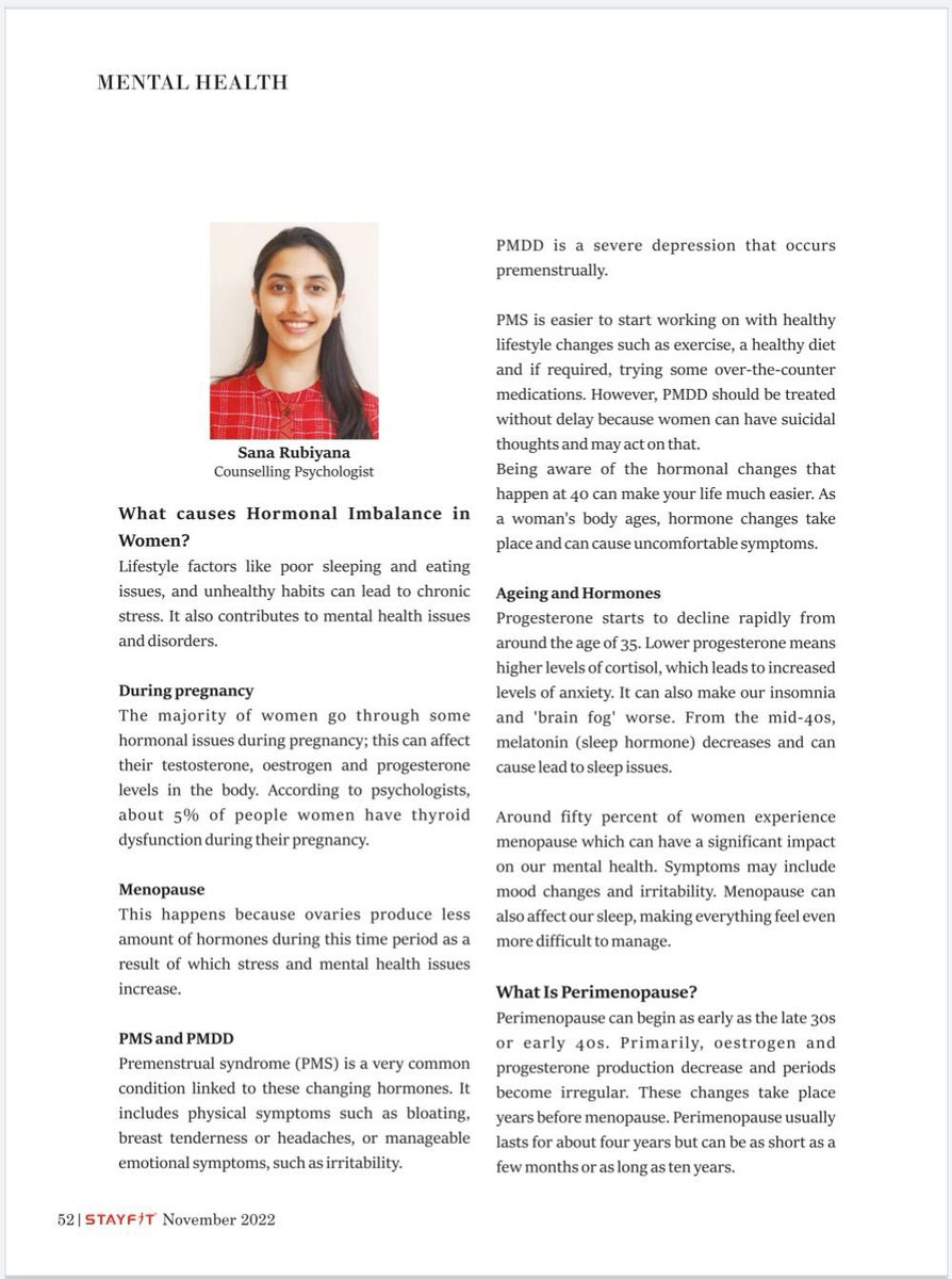 SRubiyana's tweet photo. My article for StatFit India Magazine, “can hormonal changes impact a women’s mental wellness post 40?, November 2022.
#womenmentalhealth #womenmentalhealthawareness #womenmentalhealthmatters #psychoeducation #pregnancy #postpartumblues #menopause #pms #pmdd #hormonalimbalance https://t.co/oRPwlEtzry