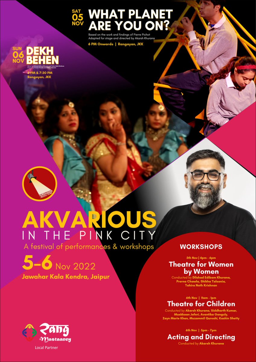 #Jaipur pay heed !! #Akvarious is coming to your city with two shows &amp; three #TheatreWorkshops for different age groups &amp; interests. For tickets &amp; registrations pls contact :- +91 89638 26704