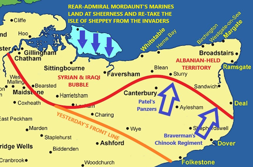 BREAKING NEWS: THE #WAR IN #KENT #LeakySue #Braverman and her Chopper Force have pushed back the Albanian invaders from #Folkestone to #Deal. The #Ashford siege is lifted. #PritiPatel's panzergruppen has re-taken #Canterbury but at a great cost - another £100bn has disappeared.