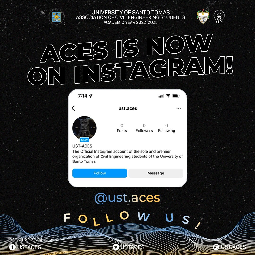 USTACES's tweet photo. ACES shall now capture and share the world's moments.
We are ecstatic to share this news with all of you. The UST Association of Civil Engineering Students is finally part of the Instagram family! https://t.co/RhdIzgzB94
