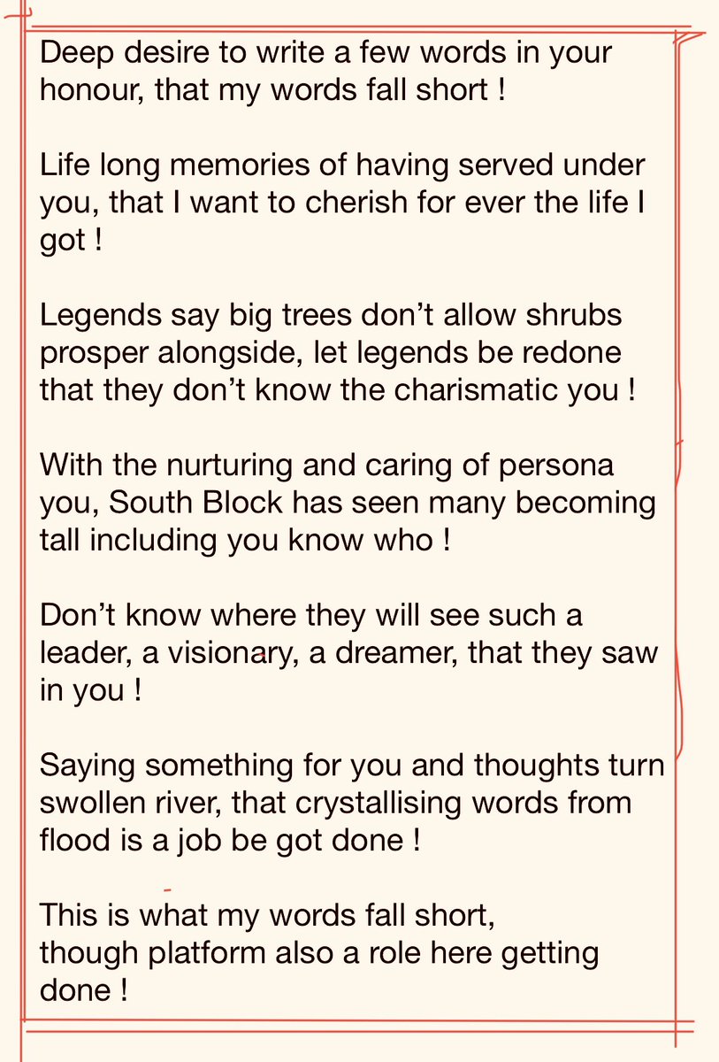 I wish to extend my heartfelt thanks to you sir <a href="/drajaykumar_ias/">Ajay Kumar</a> for everything. I still can’t believe that 31st Oct has passed by, pl accept my apologies for being late. Wish you all the happiness and good health as you start the 2nd innings. A few lines I wrote for you..