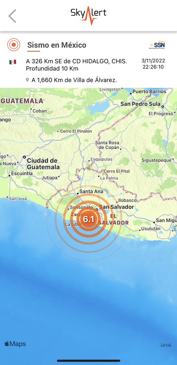 SkyAlertMx's tweet photo. #ÚltimaHora - sismo de magnitud 6.1 en la costa de El Salvador.

•Intensidades fuertes en zona del epicentro.
•Posibles daños en localidades próximas al epicentro.
•Percibido en Guatemala
•Sin peligro de tsunami. https://t.co/jem0Ffgog4