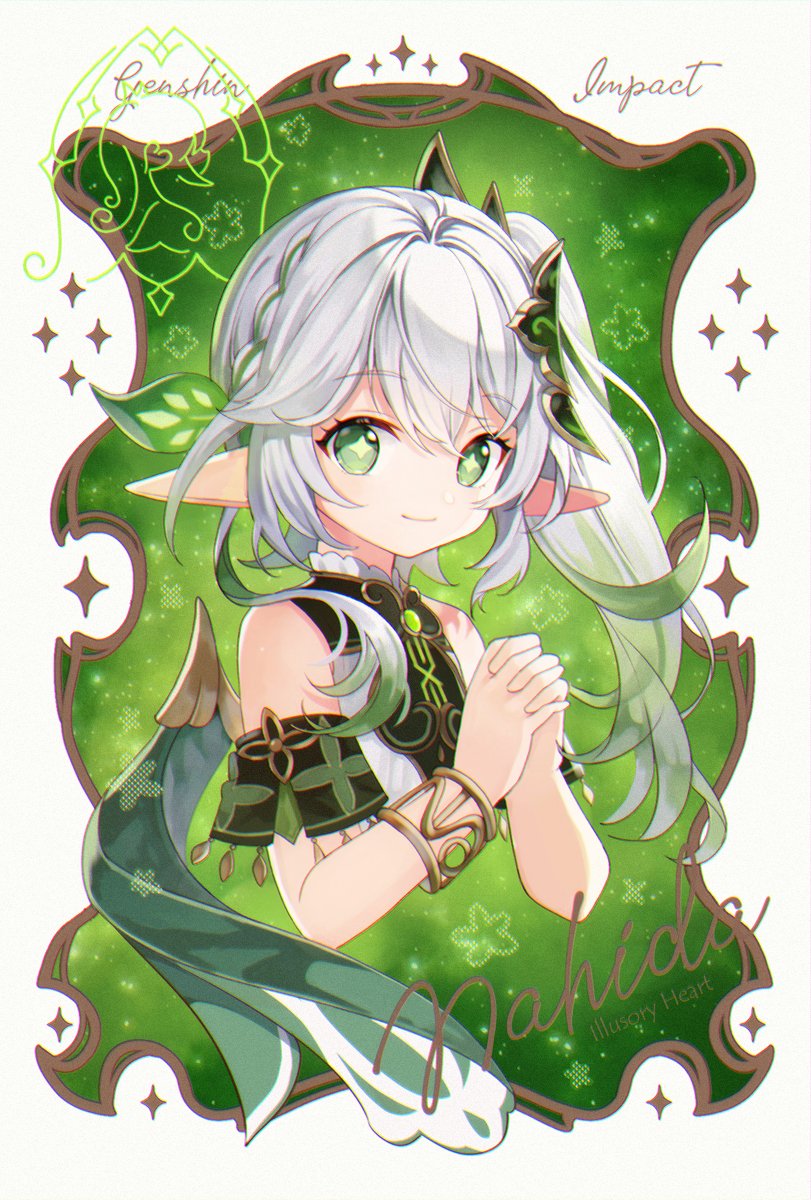 nahida (genshin impact) 1girl pointy ears green eyes side ponytail solo symbol-shaped pupils hair ornament  illustration images