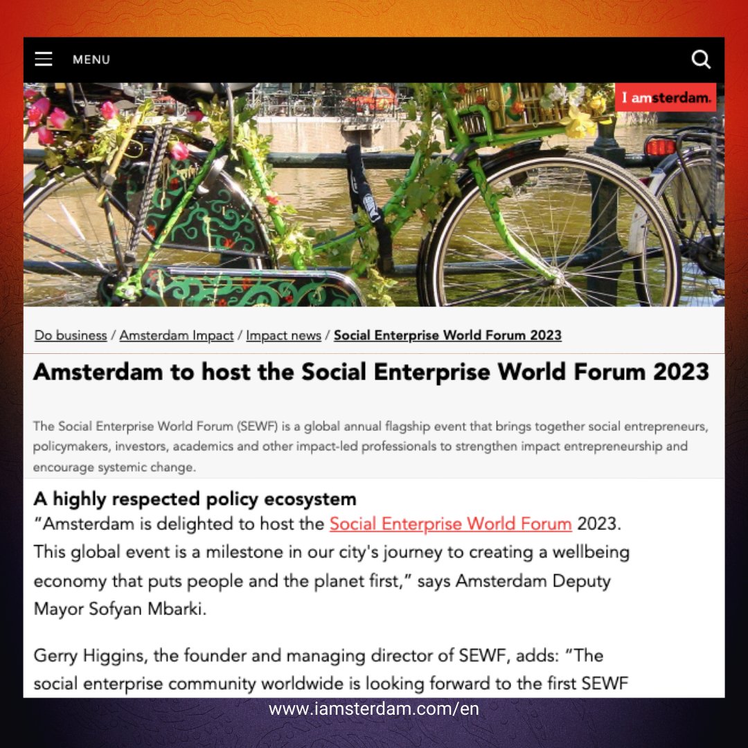 “The Netherlands is a leader in the field, with world-class social enterprises and a highly respected policy ecosystem.” - Gerry Higgins, Founder & MD, SEWF More info on the Dutch impact entrepreneurship ecosystem: ow.ly/O6vr50LrsV3 @AmsterdamImpact @SocEntNL @Iamsterdam