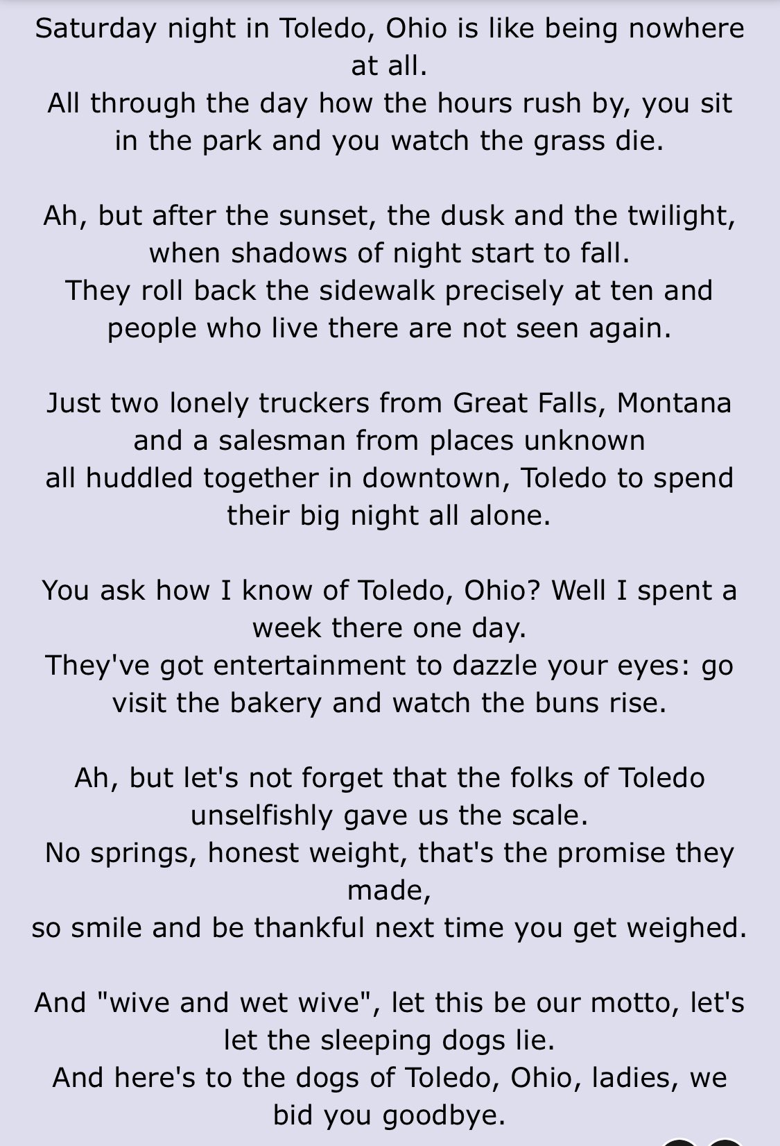 The Unwilling Mrs Kravitz Toledo Ohio Saturday Night In Toledo Ohio Is Like Being Nowhere At All Always Chuckled At This Johndenver Song Lyrics Are So