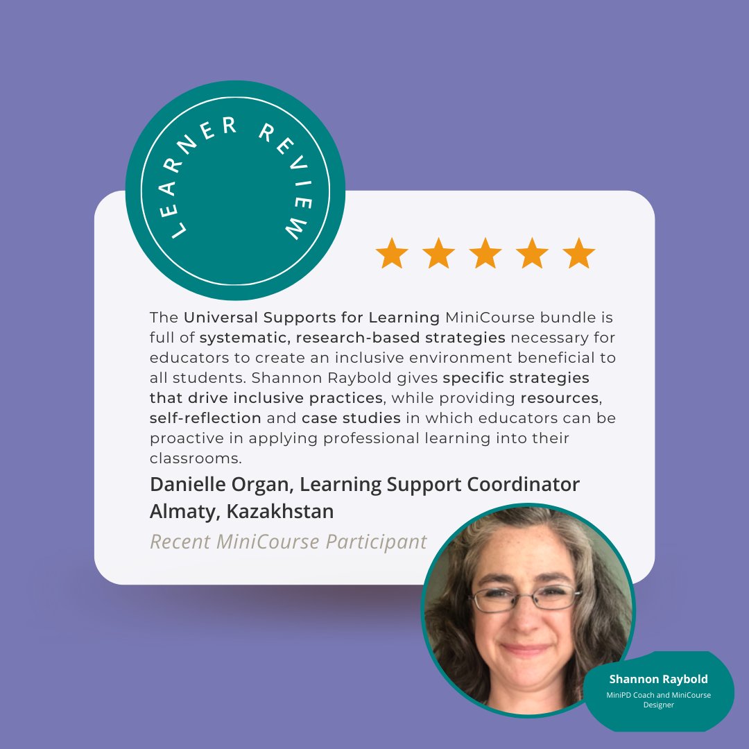 MyMiniPD's tweet photo. We are grateful for #MiniPDCoach @ShannonRaybold!

⭐⭐⭐⭐⭐ "Shannon gives specific strategies to drive inclusive practices supporting educators to be proactive in applying professional learning into classrooms. "

Learn w/ Shannon: https://t.co/IrSvj4UDoS

#ThanksCoach https://t.co/L46m7Im4Id
